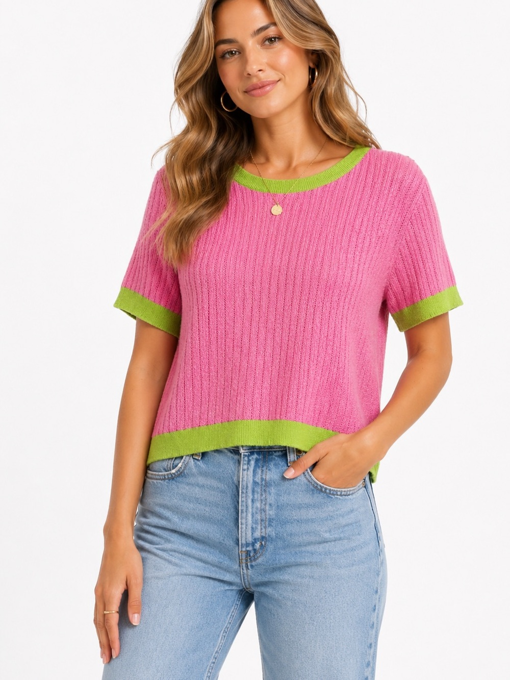Jodifl Size Medium Pink and Green Short Sleeve Knit Sweater
